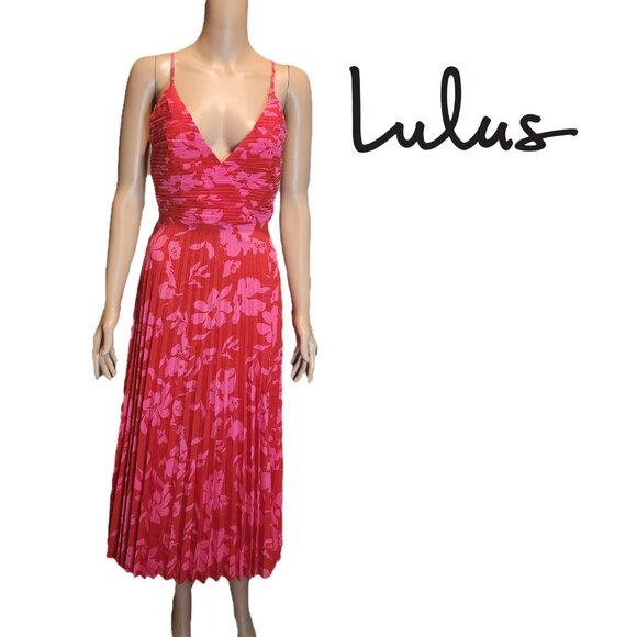 Lulus Dresses & Skirts - Lulu’s Vibrant Moment Floral Pleated Lace-Up Midi Dress NWT Red & Pink Med
